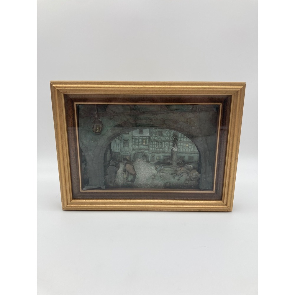 Vtg Anton Pieck 3D Paper Tole Shadowbox Winter Village Town Square Framed Art
